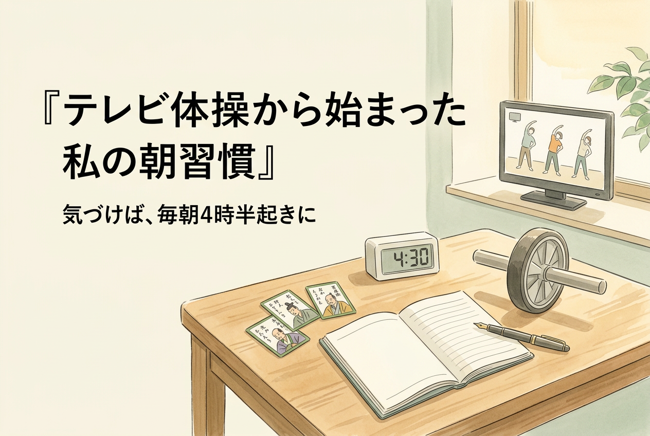 朝の光が入る部屋に、ノートやペン、百人一首の札、腹筋ローラーを描いた朝習慣の記事用イラスト